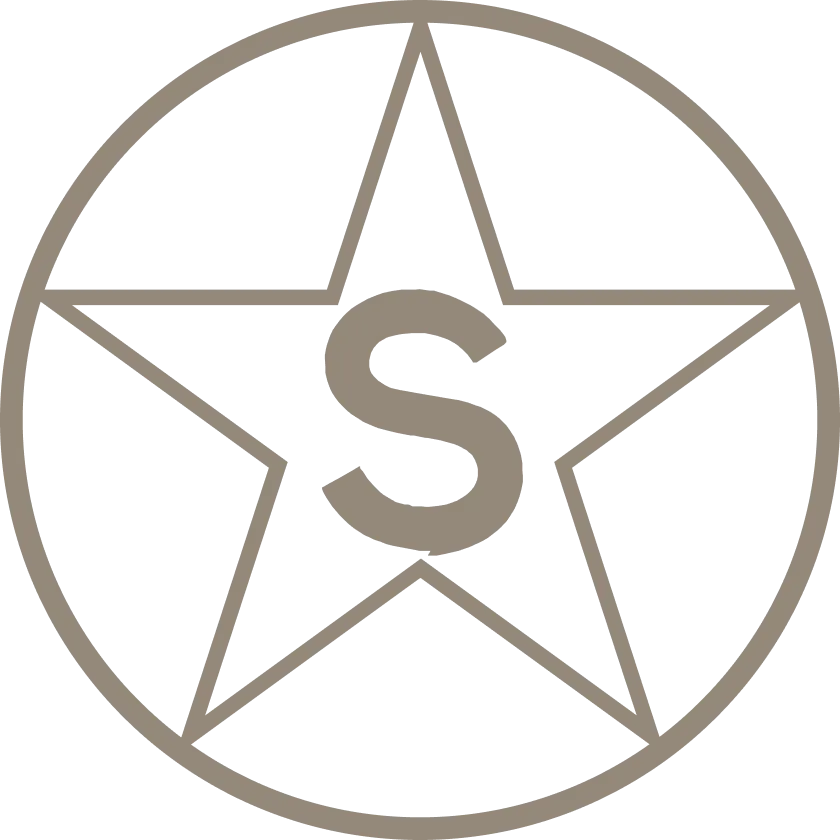 五角形の星を丸で囲み、中央に「S」の文字が配置されたシンプルなロゴマーク